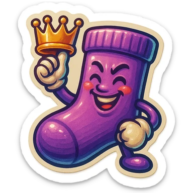A purple sock with a victorious face, holding a crown, representing victory or achievement. sticker