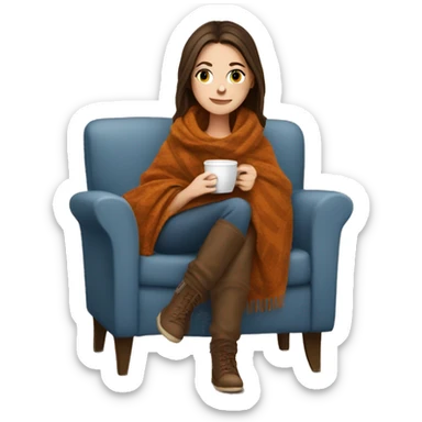 Brunette white girl covered in blanket autumn vibe sitting on a cozy chair holding coffee sticker