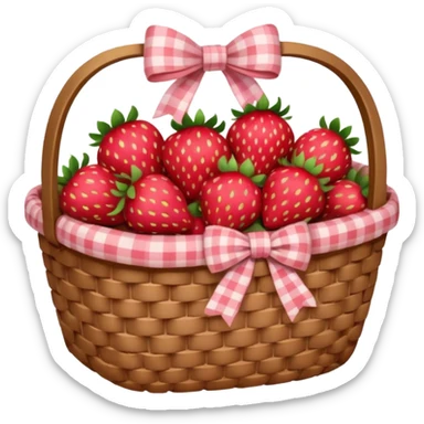 Cottagecore strawberries in a basket, with a pale pink plaid cute ribbon. No emoji faces, no emoji icons sticker