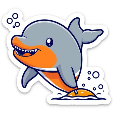 A dolphin jumping out of the water to catch an orange MnM above its head sticker