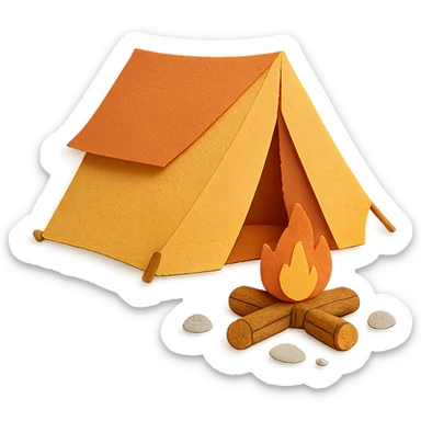 camping tent with campfire, paper craft style, delicate paper layers, naturalistic pose, logs and stones around the fire sticker