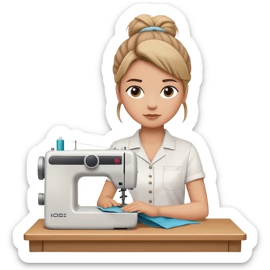 Woman in white shirt meme with messy bun using a sewing machine  sticker