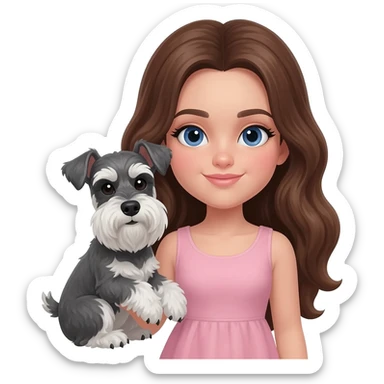 Brunette dark blue eyes white girl with long slightly wavy hair and thick eyeliner holding a salt and pepper miniature schnauzer sticker