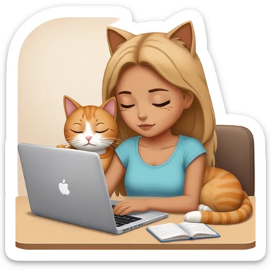 A girl is working hard in front of her laptop, and a cat is sleeping next to it sticker