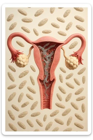 utero umano realistico con batteri della candida intorno, la foto si deve vedere per intero in formato verticale, sullo sfondo neutro chiaro ci sono batteri della candida, iperrealistico 4k sticker