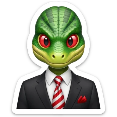 A green reptilian humanoid dressing a suit, striped red and white tie, human emoji style, his face is seriously, his eyes is similar to real viper snake eye sticker
