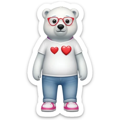friendly anthropomorphised polar bear standing upright, looking chilled and unbothered, wearing a shirt, jeans, trainers, heart-shaped colorful glasses sticker