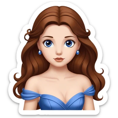 Cinematic Elegant Belle Portrait Emoji, rendered in a realistic, vector-style with minimal shading and bold, simplified shapes. Depict Belle (chest and above) with fair, luminous skin, deep brown expressive eyes, and long, flowing chestnut hair styled elegantly, wearing her classic blue ball gown. The image glows with a soft, warm radiance and high shine, capturing timeless refined beauty. sticker