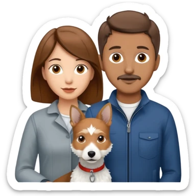Quiero una pareja la mujer con el pelo castaño y el hombre con el color apenas moro hito con un perro Fox terrier blanco con gris  sticker