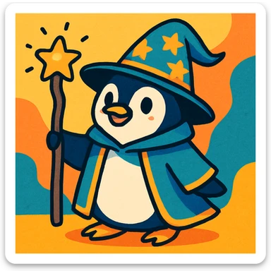 a penguin dressed as a wizard, with a pointy hat and a magic staff, in a fun and whimsical style, vibrant toon style, colorful and playful sticker
