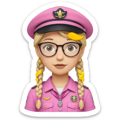 scout girl with pink scout uniform including hat, blonde braided haired and glassess sticker