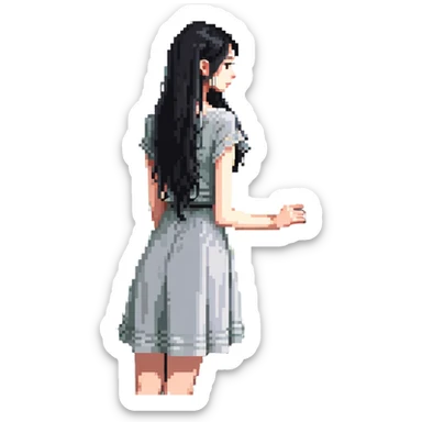 Slim Chinese woman with long black hair in a cute summer outfit with her completely solid grey Italian greyhound looking out a window on a sunny day, the dog has absolutely no white markings anywhere sticker