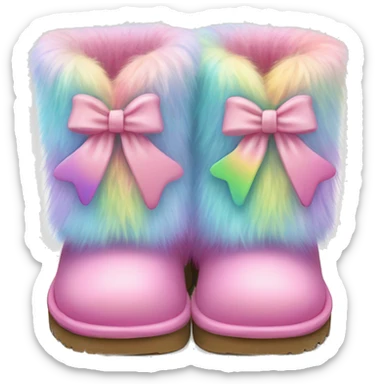 Realistic pair of pastel rainbow fur Ugg boots with bows. sticker