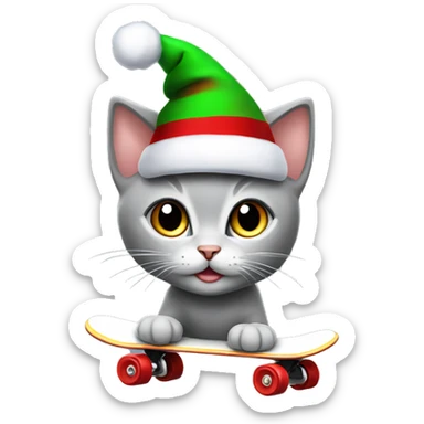 Grey kitten with Christmas hat skating sticker