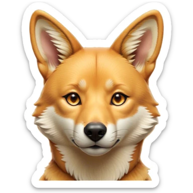 Cinematic Noble Dingo Portrait Emoji, Poised and regal, with a lean, agile build and a short, sandy-tawny fur that speaks of the wild outback, deep-set soulful amber eyes and alert ears, Simplified yet sharp and sophisticated features, highly detailed, glowing with a soft, dignified glow, high shine, intelligent and resourceful, stylized with an air of untamed elegance, focused and attentive, soft glowing outline, capturing the essence of a watchful and confident wild canine, so majestic it feels as though it could trot out of the screen with effortless authority! sticker