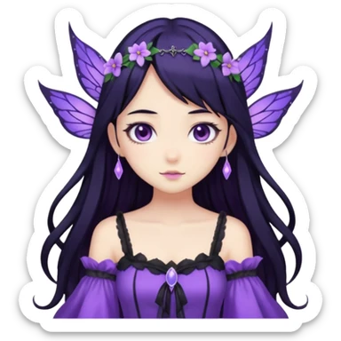 Gothic anime fairy with long beautiful black hair and purple dress, pastelcore, sticker