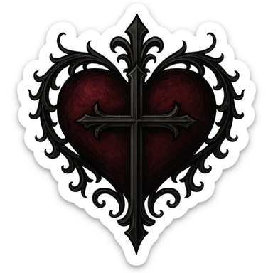 gothic style heart with a cross, black and deep red colors, gothic aesthetic, transparent background sticker