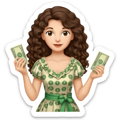 old brunette with long curly hair, in a dress, with money in her hands sticker