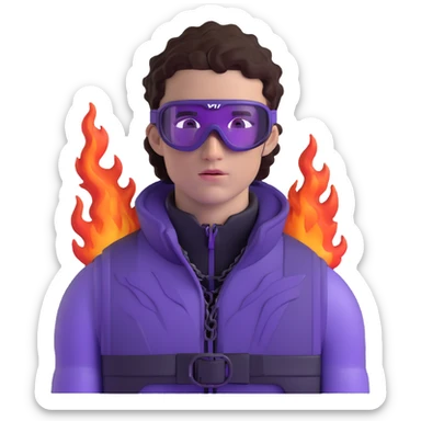 close-up of bad guy male athlete with white skin and moderately curly dark brown hair on top with shaved sides, wearing ski goggles with purple frames and very dark black lenses, a simple plain black chain necklace, and a completely unzipped sleeveless vest with purple and black sequin fire pattern design with no logo, with an extremely arrogant sneer on his face, looking menacing and villainous, exuding overconfidence and a threatening aura sticker