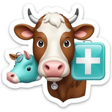 Emoji-style icon of a cow and buffalo with a medical cross and scan frame overlay, representing disease detection and health analysis. Friendly, clean, rounded design, clear at small sizes, teal and white accents, no text, transparent background. sticker