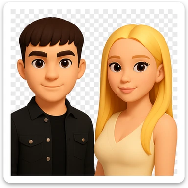 Slightly increase the volume of the upper body of the girl, separate the girl and the boy from each other, make the skin color the same for both characters. Maintain the cartoonish 3D style as in the reference image. Keep the background transparent. sticker