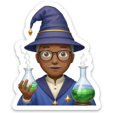 black scientist with glasses, wearing wizard hat custome, with glass vase sticker