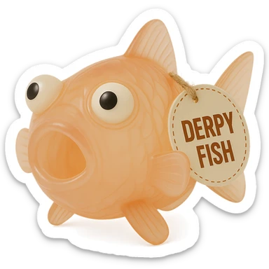 Make the bright orange clownfish Derpy Fish even more transparent and see-through than before. Keep the derpy eyes, retro 90's toy look, hyper-detailed, soft plastic, soft reflections, soft and squishy texture, some cloudiness, not shiny, highly detailed, appealing, and the 'DERPY FISH' tag. The background must remain completely empty and gone. Maintain the overall style and appearance as a transparent, soft plastic toy fish with a retro 90's vibe. sticker