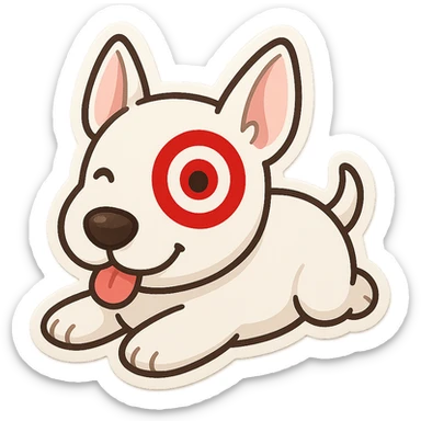 cute cartoon of Target store bullseye dog, lying down, tongue out, red bullseye on eye, soft rounded features, chibi stickers style sticker