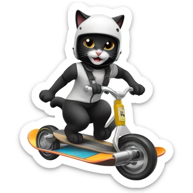 Grinning Black and white cat skateboarding with tiny crash helmet  sticker