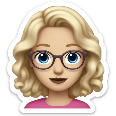 young woman with pale skin, blushed cheeks, big BLUE eyes, brown round glasses, thin lips, long wild blond wavy hair. The yes are blue and lips are dark pink sticker