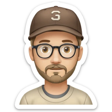 adventurer with goatee beard (no beard on cheeks), short hair, glasses and backwards baseball cap sticker