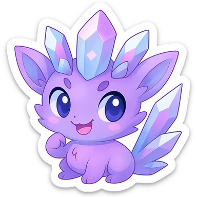 Edit the chibi kawaii crystal sprite creature to have its entire tail made of crystal, maintaining the pastel purple, blue, and pink colors. Keep the mischievous and adorable expression. Remove the background. The style is chibi kawaii crystal sprite with pastel colors. sticker