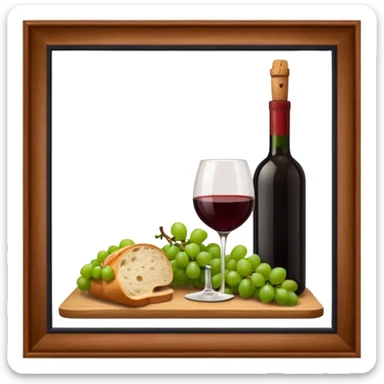 Make me some wine with bread and grapes, Do it on a board, so it looks elegant sticker