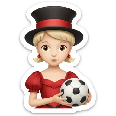 a child in a theatrical hat with a soccer ball in his hands and in a ball gown sticker