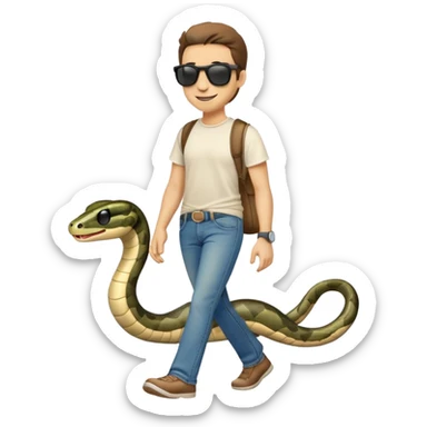 friendly anthropomorphised snake in jeans, t-shirt, dark sunglasses, walking with a smile sticker