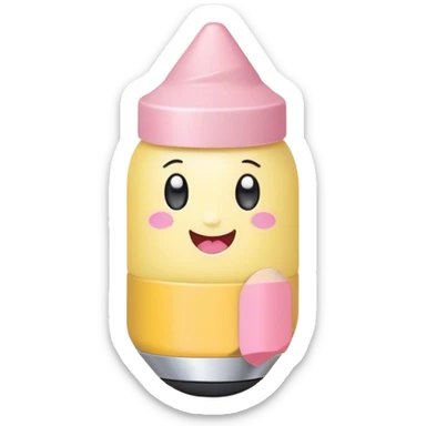 Cute Kawaii Fat Pencil, round and chunky, soft pastel yellow with a cute eraser cap, tiny winking face, glowing highlights, cheerful and ready for doodles! sticker