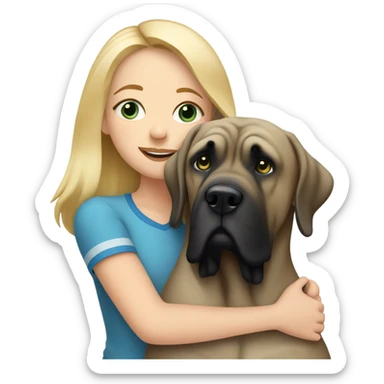 Blonde girl with blue eyes hugging a striped color english mastiff dog sticker