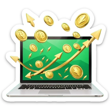 3D laptop icon with gold coins flying out of screen, green color (#0B3D2C), gold accents (#C9B037), upward arrows, glossy modern style, transparent background sticker