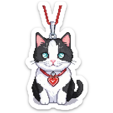 tuxedo cat with red leash and heart pendant, white fur only on mouth, small diamond spot above nose sticker