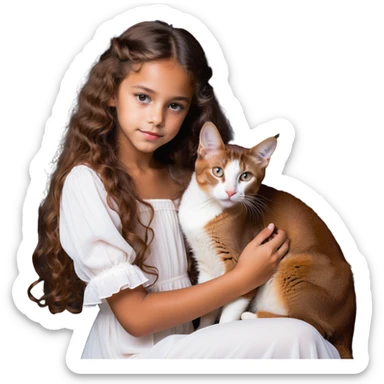 beautiful girl with curly long brown hair in a white dress cuddling an Abyssinian cat with reddish-brown fur sticker