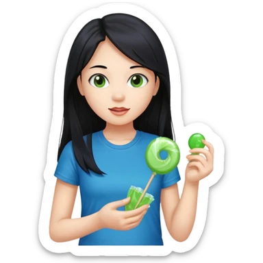 A girl with long black hair wearing a blue t-shirt holding a piece of green hard candy in one hand and a green candy wrapper showing a guava on it in the other hand sticker