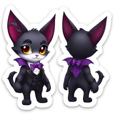 Anthro-Cute-Edgy-Vampiric-Batty-Cat-Black-Purple-Red-Grey-White-Yellow-Contrast-Colors-Fantasy-Fur-Sona-Chibi-Shiny-Fakémon-Hybrid with horns and big fangs collar bow ties leg spats full body sticker