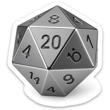 faceted polyhedral die d20 emoji in shiny futuristic alloy finish, crisp edges, cohesive metallic aesthetic sticker
