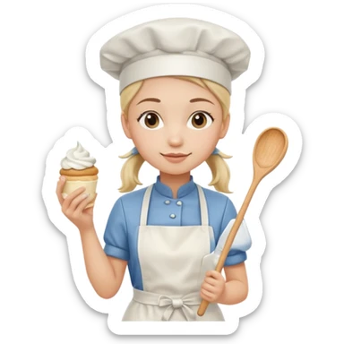 Young female pastry chef - single ponytail, apron, wearing a white hat, holding a cream piping bag sticker