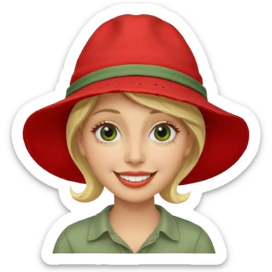 messy green clay mask and red tourist hat blond braided woman big eyes smiling and clay mask on face sticker