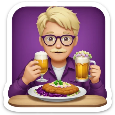 Man with wire framed glasses german eating schnitzel, red cabbage, sauerkraut, potato salad, and beer. Man is blonde and no mustache sticker