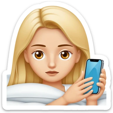 Haz una rubia de ojos marrones usando un iPhone 13 acostada en su cama  sticker