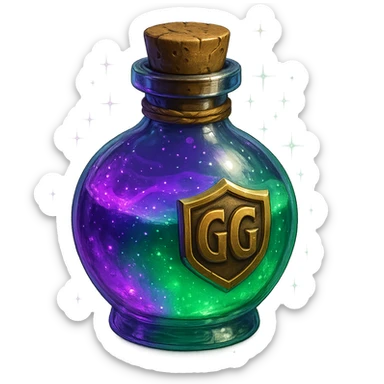 GG magic potion, bottle with purple and green gradient, sparkles, fantasy look, magical, detailed sticker