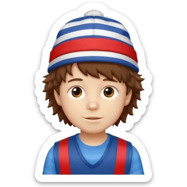 brown fluffy hair kid with blue and white hat dark blue jilet red t shirt sticker
