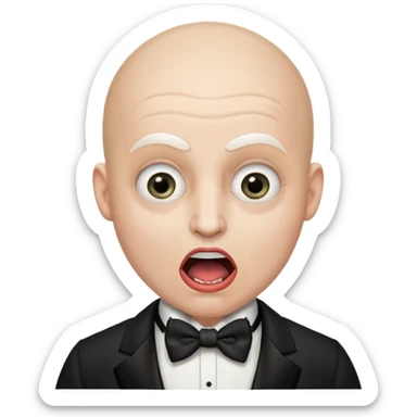 a bald cabaret actor with a white, dry, long, made-up face and heavily made-up eyes and mouth, a huge, wide-open mouth and a startled look sticker